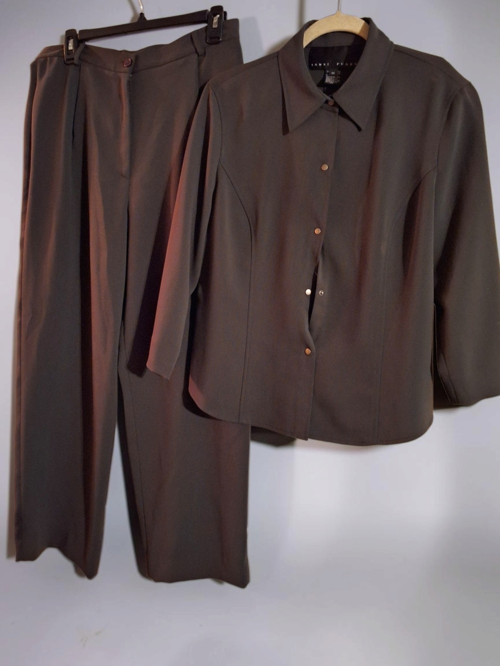 Yansi Fugel Dark Green Collard Buttom Up Shirt & Wide Leg Pant Suit